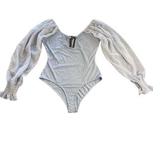 Zeagoo Womens Bodysuit Long Sleeve Blue Sheer Polka Dot Blouse Top Medium